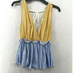 BP Blouse Women XS Yellow Blue Colorblock V-Neck Striped Peplum Pleated Tie Back